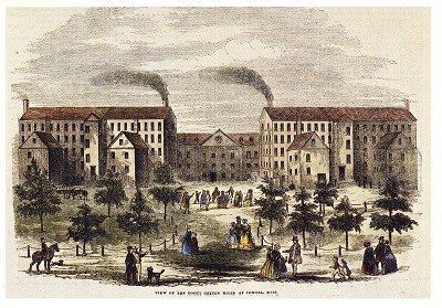 An illustration of the Boott Cotton Mills in the 1850s, featuring workers walking into the courtyard