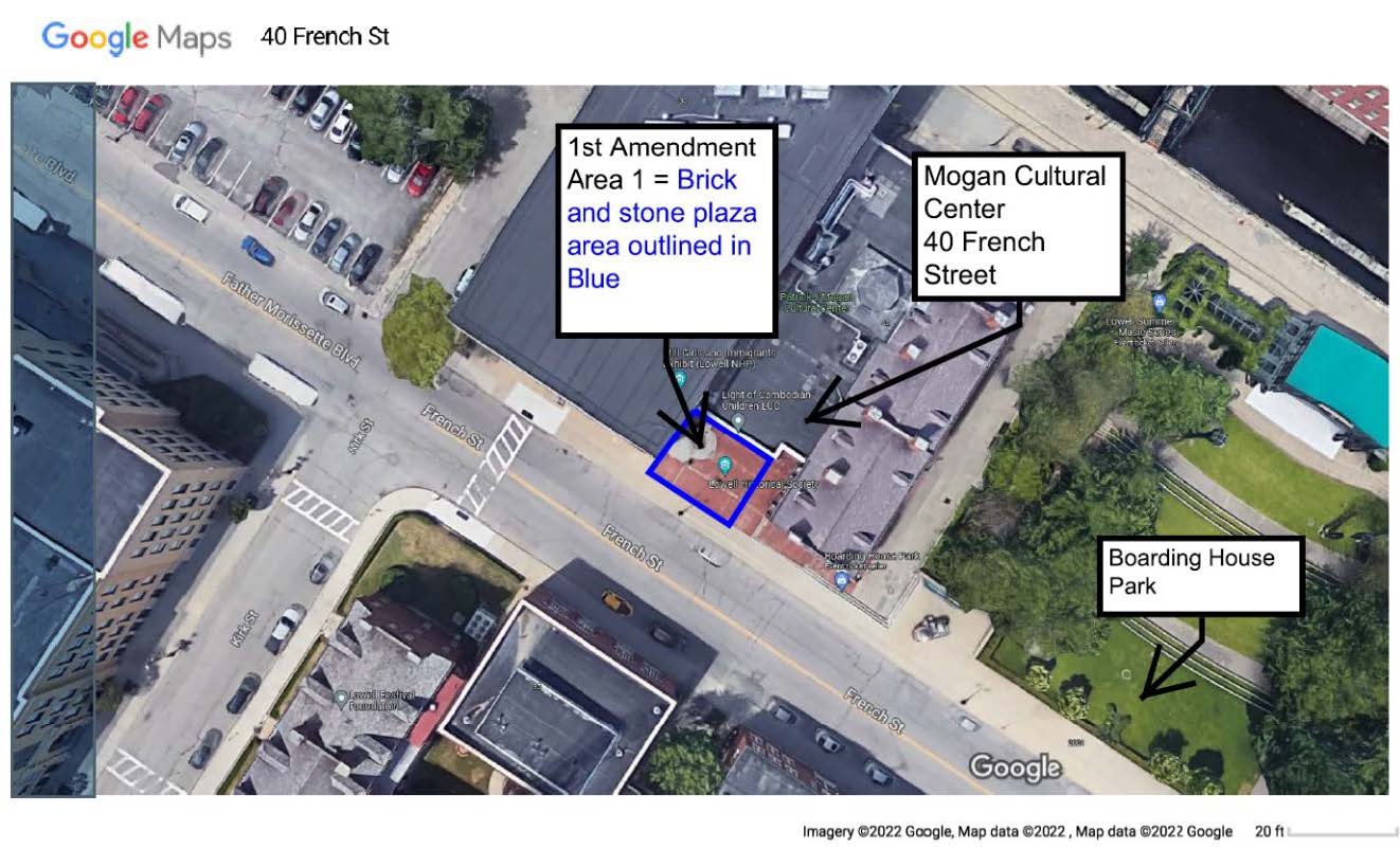 Aerial view of the Mogan Cultural Center and Boarding House Park with the brick and stone plaza area outside the Mogan outlined in a blue line and marked "1st Amendment Area 1"