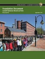 Cover of the Lowell NHP Foundation Document depicting students viewing the canal in front of the Boott Mill