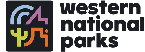 Colorful logo with a mountain, butte, and cactus, and words "western national parks."