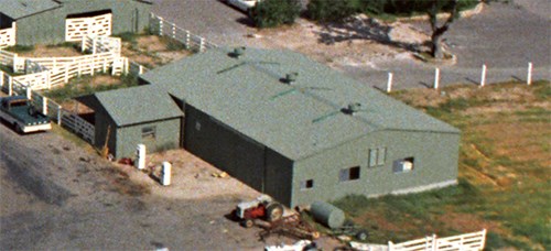 Aerial view of green building in 1967.