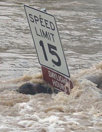 Speed Limit sign engulfed by Pedernales flood water