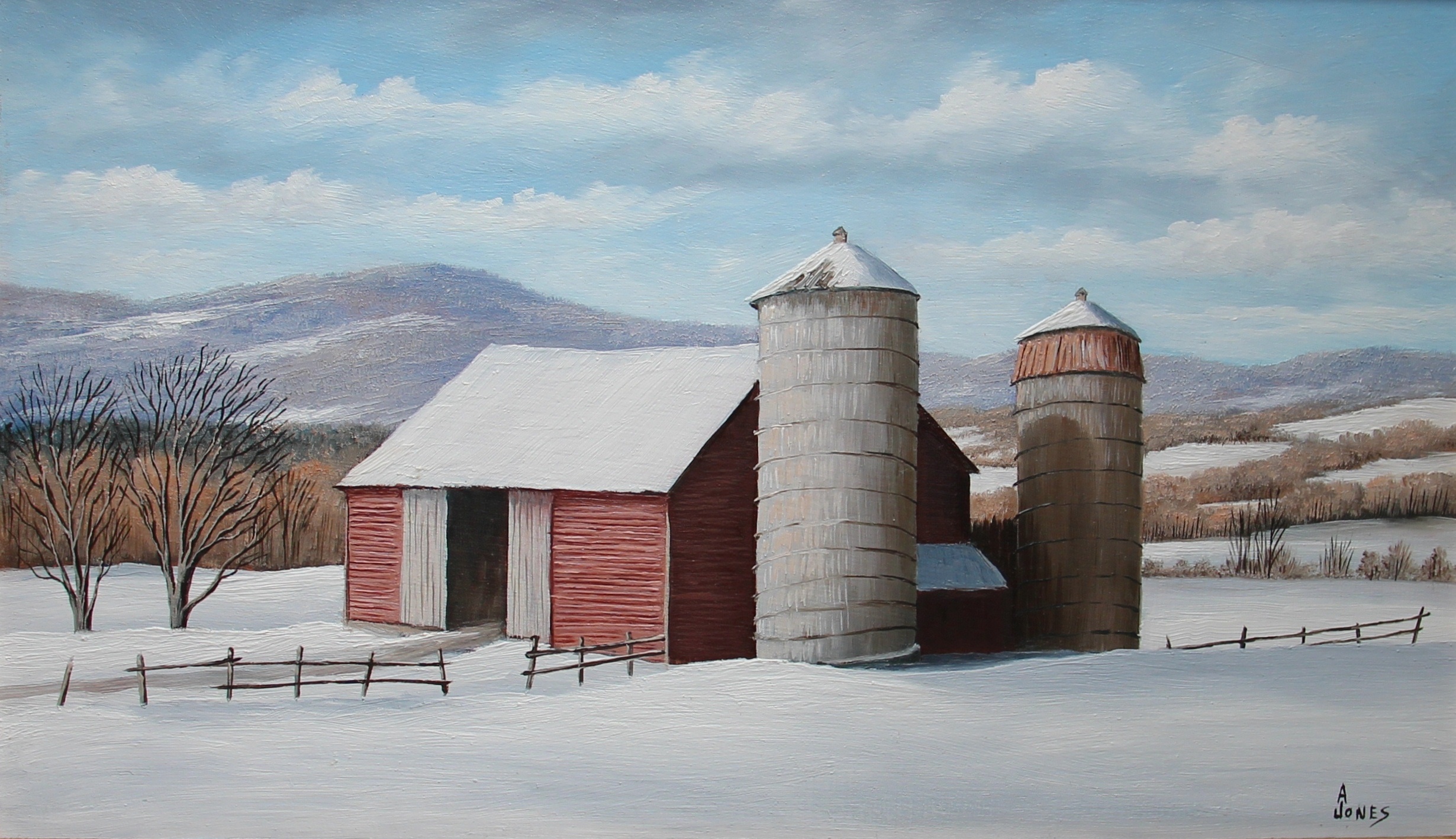 Arthur Jones, MABI 2840, Two Silos. Oil on panel, 15.3 x 25.3 cm