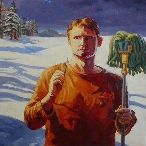 painting of man holding paintbrush in one hand and map in the other