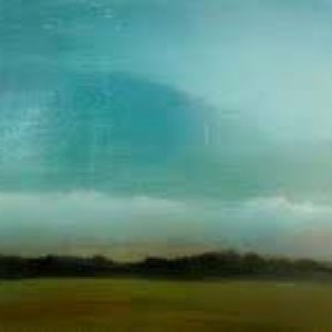 landscape painting with blue sky and mountains