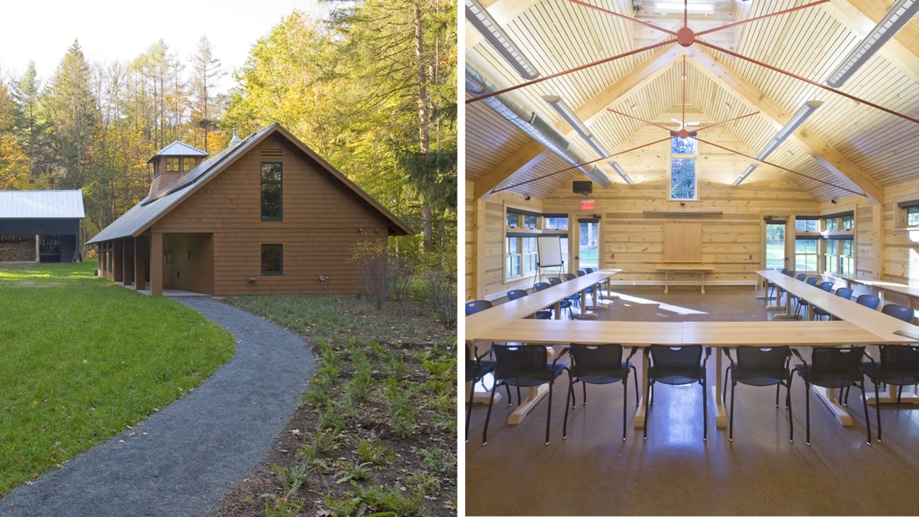 two images, one of exterior of wood paneled building and one of interior classroom