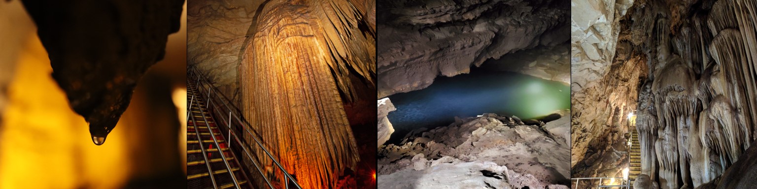 Four-panel collage showing diverse cave interiors with stalactites, stalagmites, and underground water pools illuminated by warm and cool lighting.
