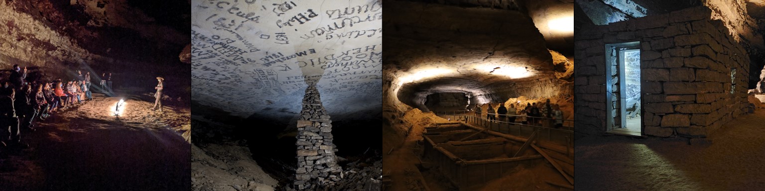 A collage of four photos featuring dimly lit underground cave rooms with stone pillars, historic graffitti, large rooms, and visitors exploring the rocky interior by lantern light.