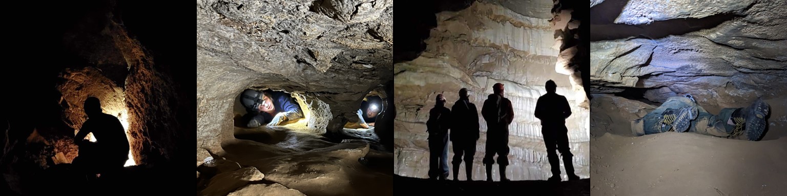 Collage with four scenes of people exploring inside a dimly lit rocky cave with headlamps and shadows.