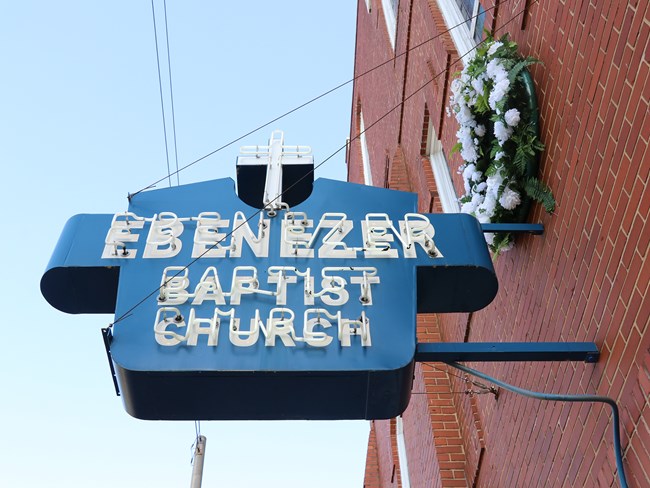 Remembrance wreath on exterior of Ebenezer Baptist Church.