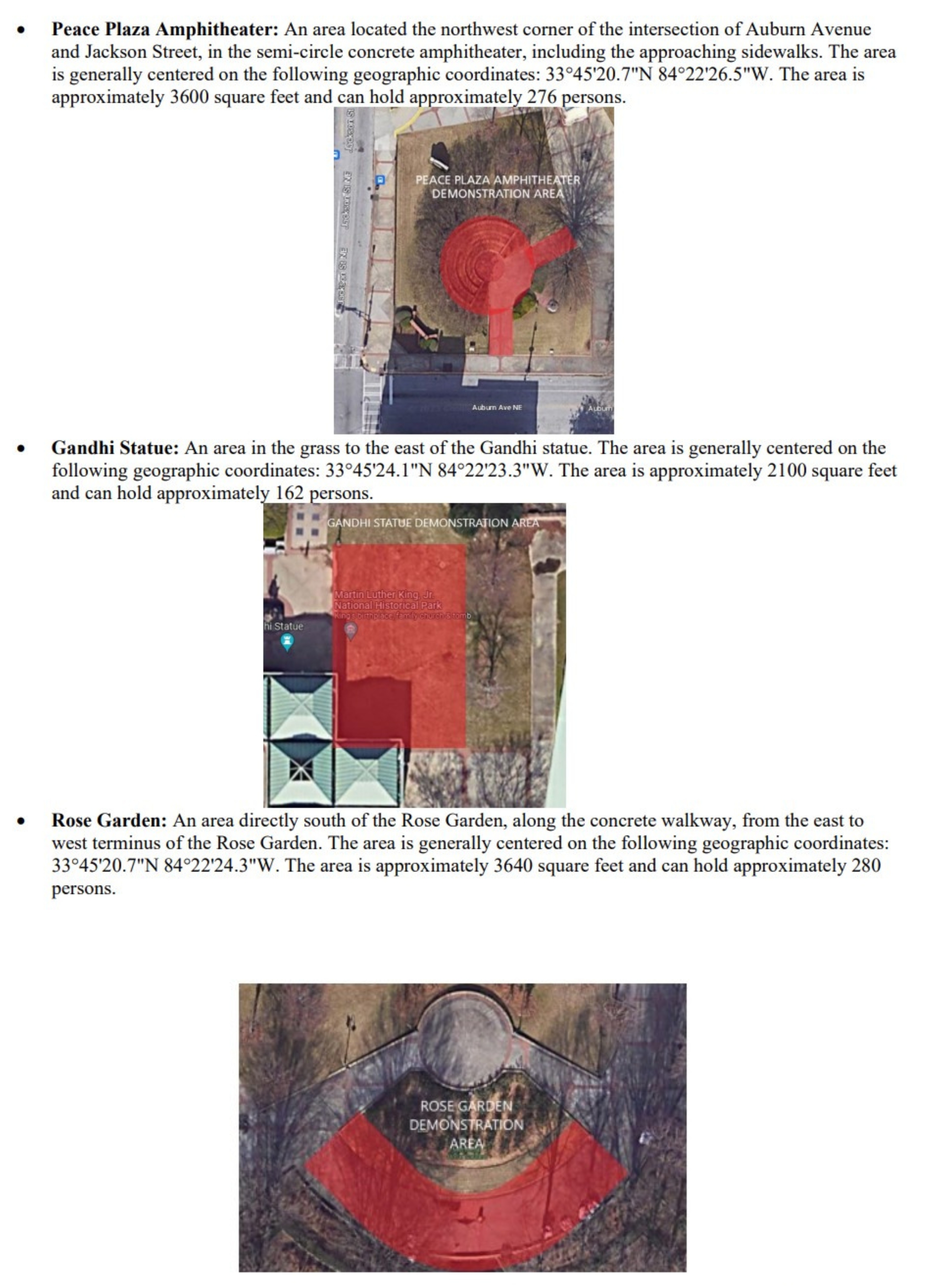 Designated Demonstration Areas -Peace Plaza - Ghandi - Rose Garden