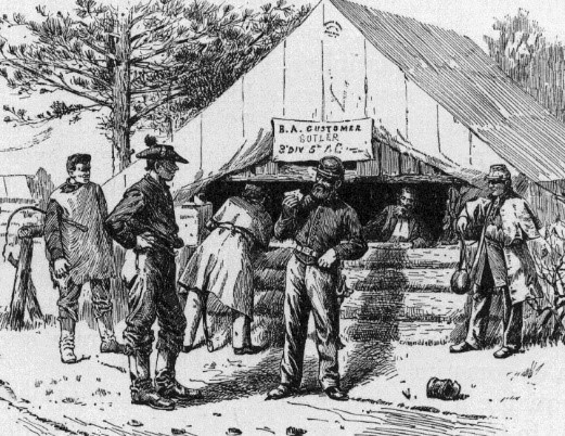 A drawing of a Civil War camp sutler, selling his wares to a handful of soldiers.
