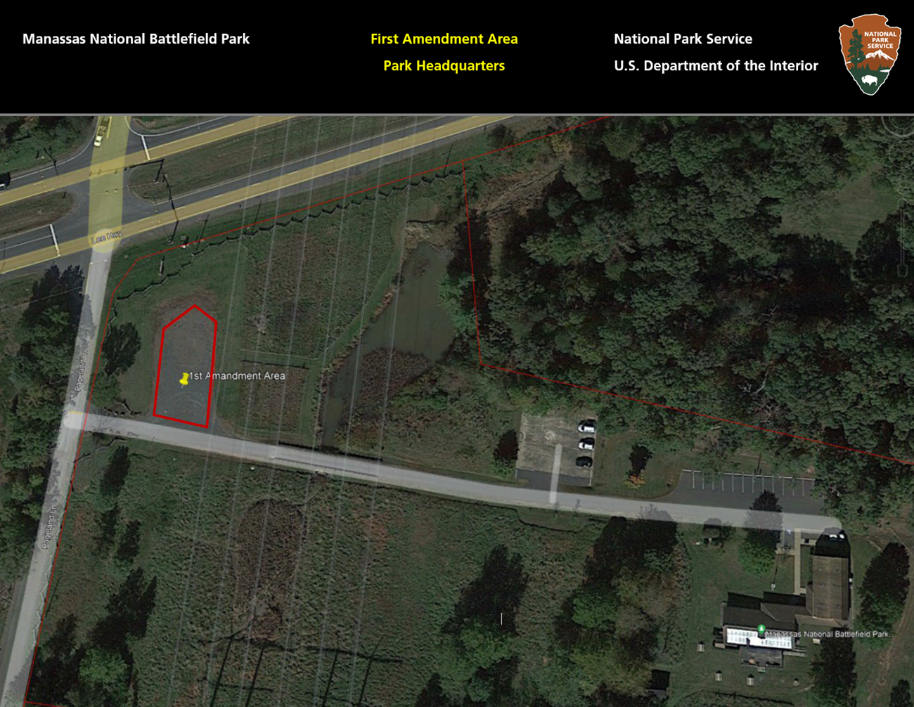 A map of the Park Headquarters Area with a red polygon around the prescribed First Amendment Area.