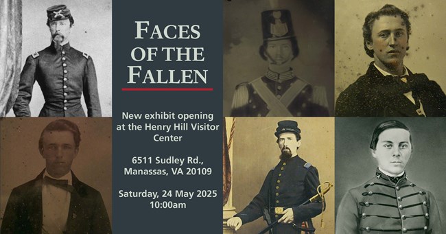 A collage of six soldiers portraits and Faces of the Fallen Exhibit Text