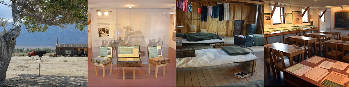 Four images in a row of Block 14 exhibits: outside view of brown mess hall with red truck, inside loyalty questionnaire exhibit of 3 old wood cases with next inside, army cots and blankets in barracks room, and classroom exhibit