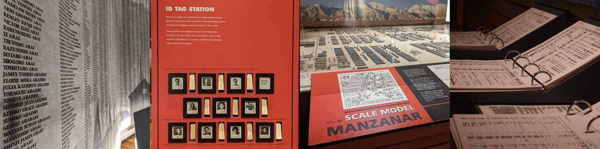 Four images in a row of indoor visitor center exhibits: wall of names, ID tags, scale model of Manzanar, and original roster books