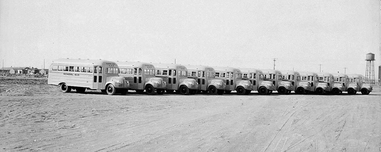 Black and white photo of a school buses lined up side by side in an open gravel area.