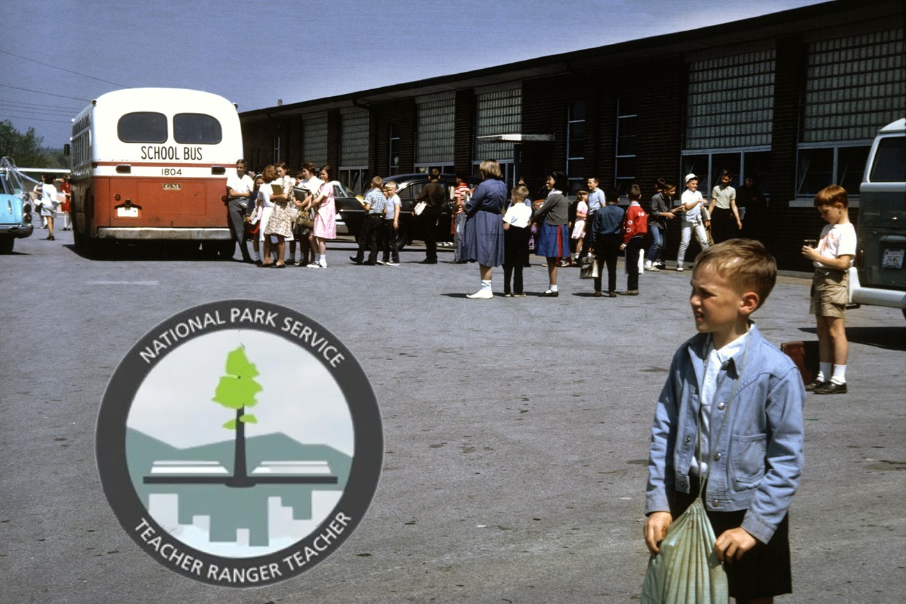 A child in a school yard next to the logo for the Teacher Ranger Teacher Program. In the background is a red school bus.