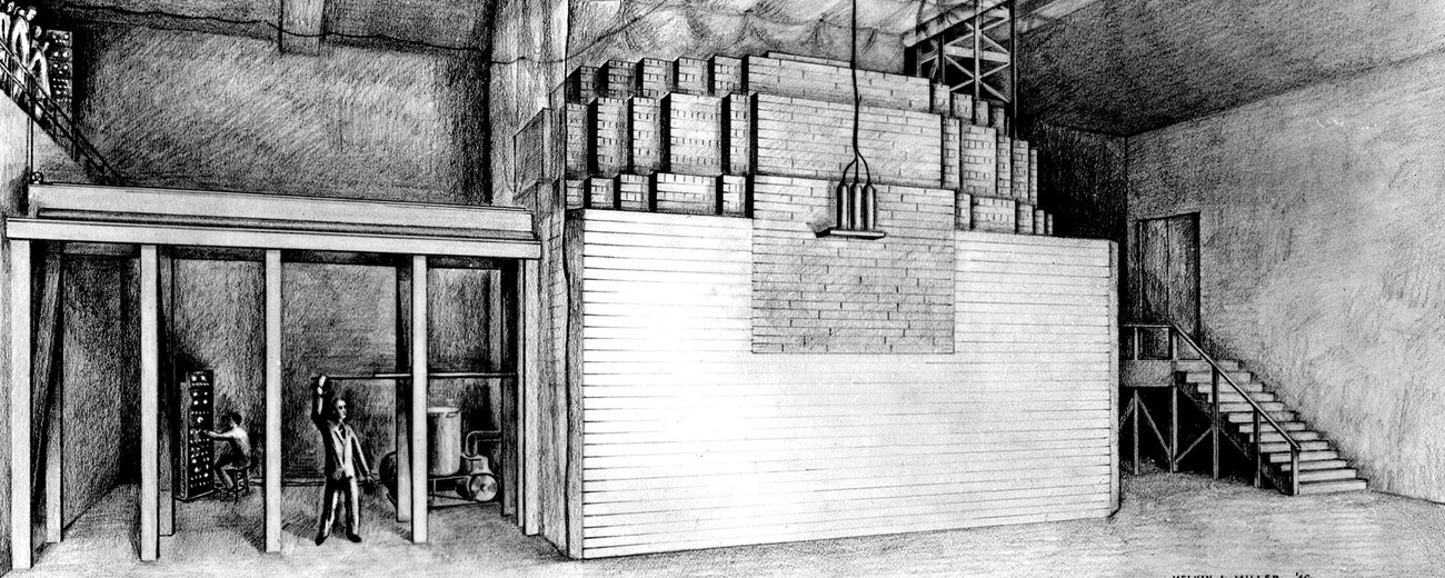 A black and white sketch of a large, two-story structure in the middle of the room with two men to the left and several people on a balcony to the left.