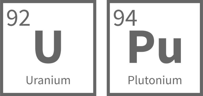 A illustration of two boxes with letters. The first box reads U, Uranium, and 92. The second box reads PU, Plutonium, and 94.