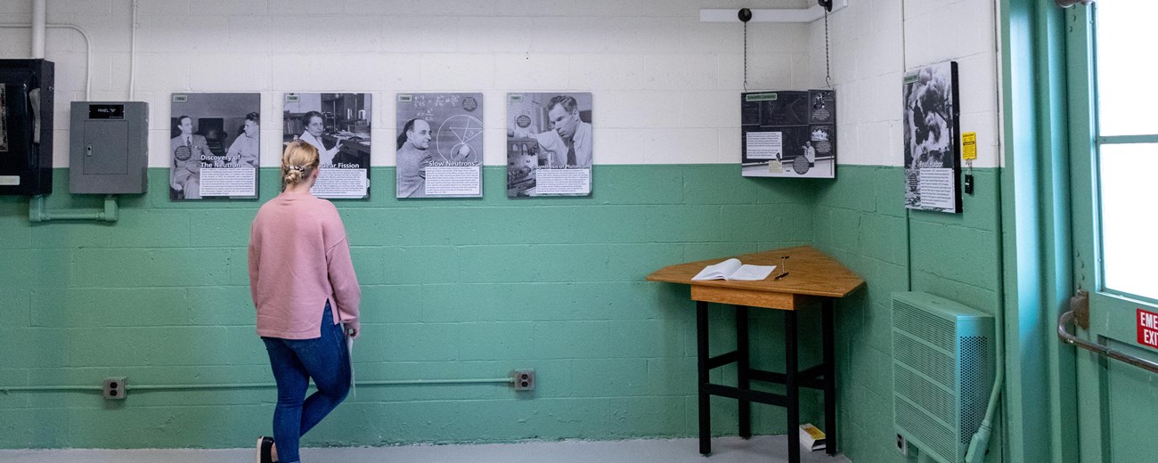 A woman in a pink shirt views exhibit panels on a white and green wall.