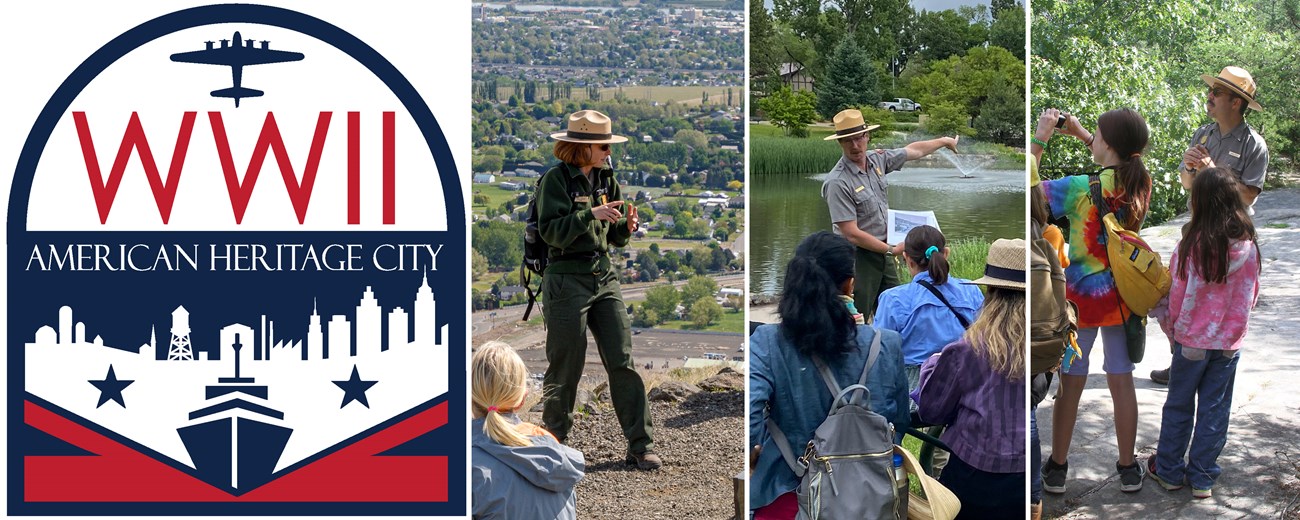Four images: far left logo of World War 2 American Heritage City in red, white, and blue; next three photos of uniformed park rangers interacting with visitors from each site.