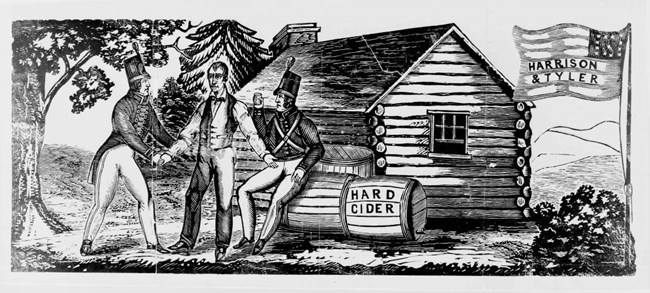 Political cartoon showing Presidential candidate infront of log cabin with two soldiers
