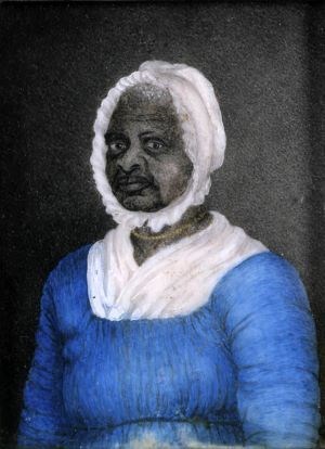 A colorized portrait of a woman in colonial dress including a bonnet
