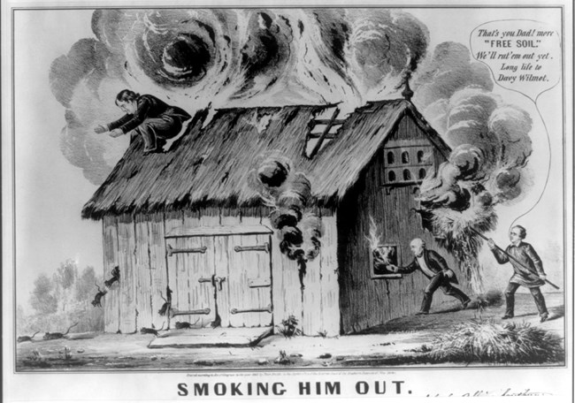 Political cartoon depicting a barn on fire