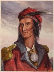 Watercolor portrait of Tecumseh in a red uniform coat with epaulets, medallion, and feathered headdress.