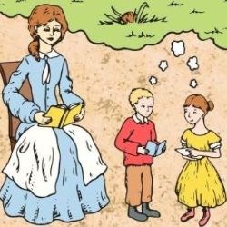 Colorized sketch of a woman reading to two children