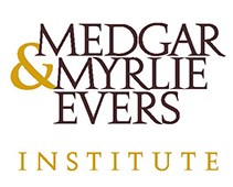 Medgar & Myrlie Evers Institute in capitalized lettering of burgundy and gold