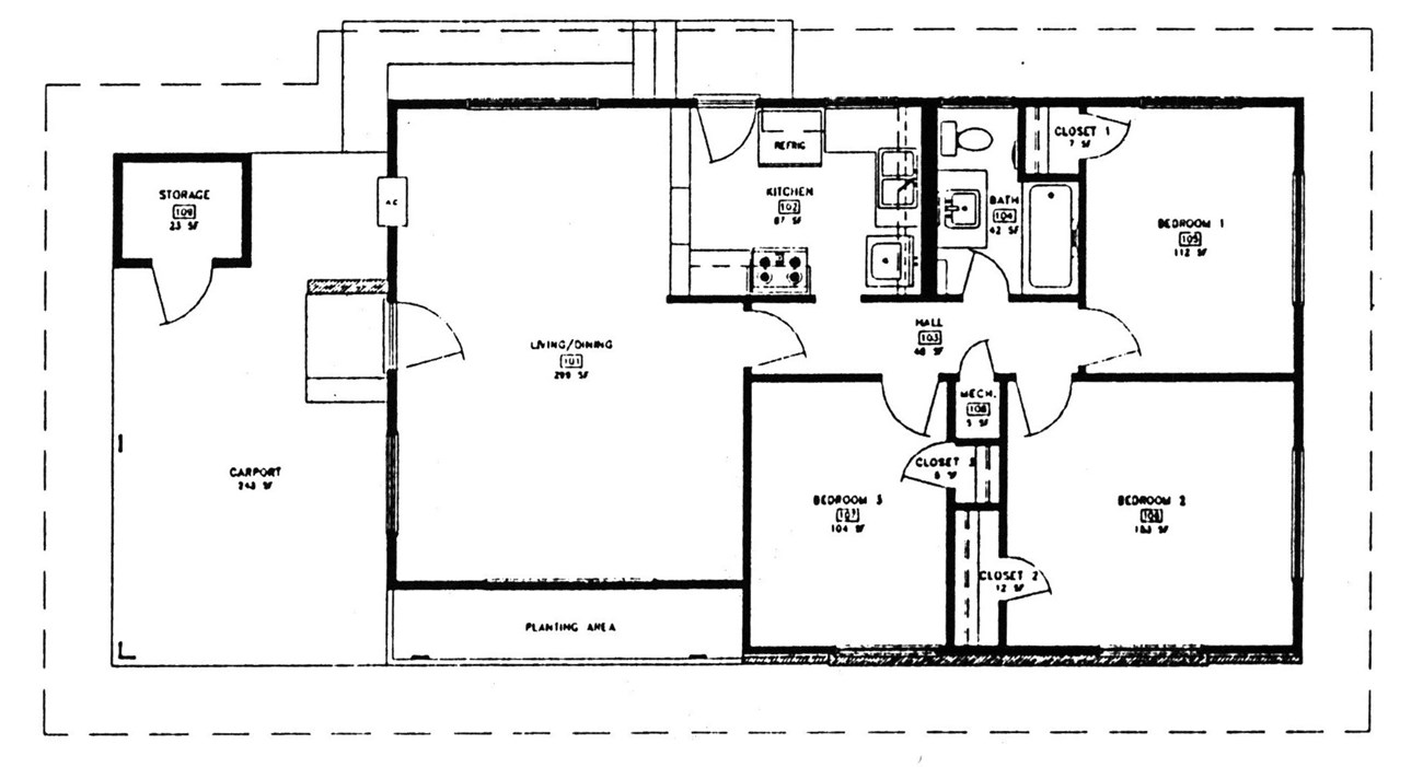 Schematic drawing of floorplan of 3 bedroom, 1 story home