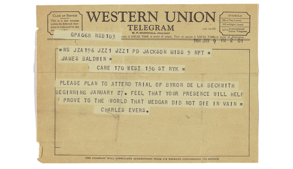 Western Union telegram in which Charles Evers asked James Baldwin to attend trial of Byron de la Beckwith