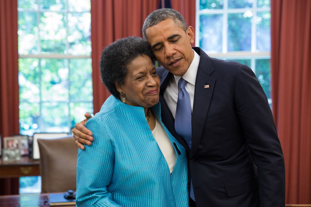 President Obama hugs Myrlie Evers-Williams in Oval Office
