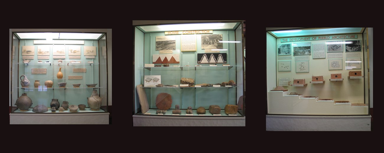 A combination photo of three glass upright exhibits with info Ancient Pueblo pottery and house construction on a black background                           ground