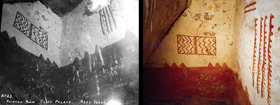 Walls of room plastered white on the top and red below. Red murals are painted on the white plaster.