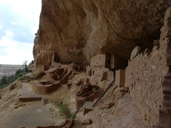 A view of the cliff dwelling Long House, a large series of stonework buildings located under a cliffside overhang.