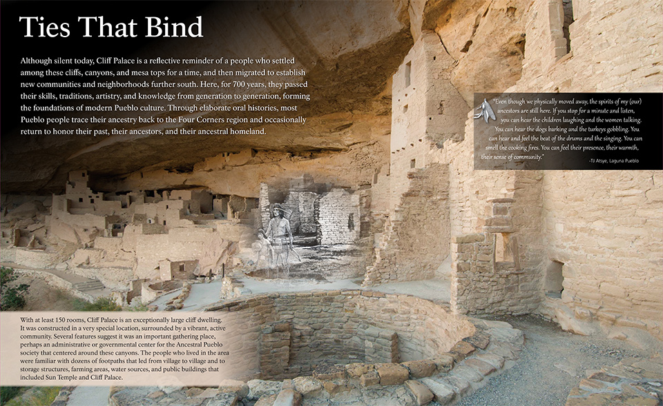 Interpretive panel showing ancient, stone-masonry village of Cliff Palace.