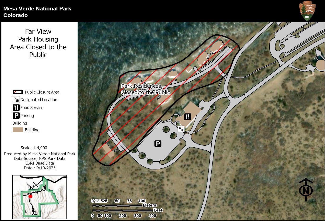 Red stripes within a black border on an area of the park map indicates areas closed to the public, specifically park residences. The legend defines the public closure area, and identifies open areas for food service, and parking.