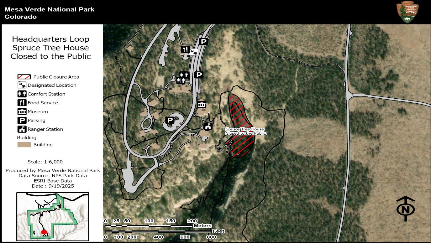 On a map, red stripes within a black border near headquarters indicates area closed to the public, specifically the loop trail into Spruce Tree House. Map scale is 1:4,000. An inset map for location context.