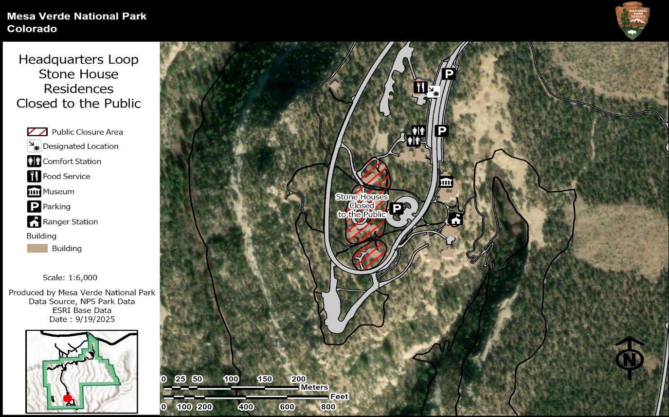 Red stripes within a black border on an area of the park map indicates areas closed to the public, specifically park residences. The legend defines the public closure area, and identifies open areas for the Museum, food service, parking, and restrooms.