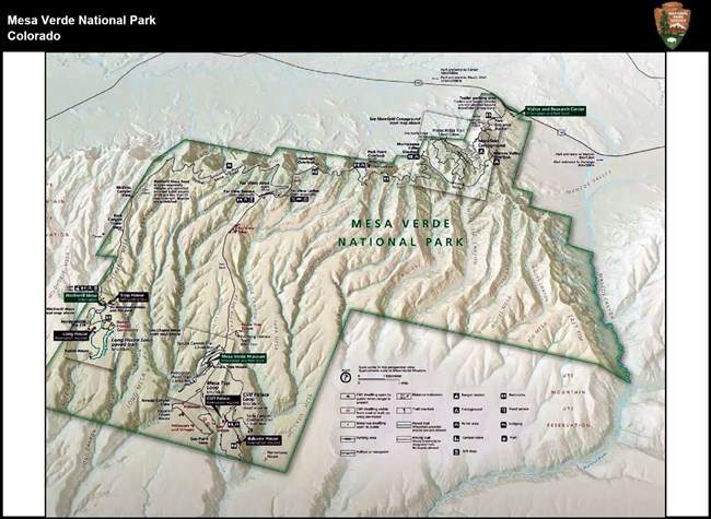 Map shows topography of Mesa Verde National Park. Boundary border is dark green. Shows trails, roads, and key sites,