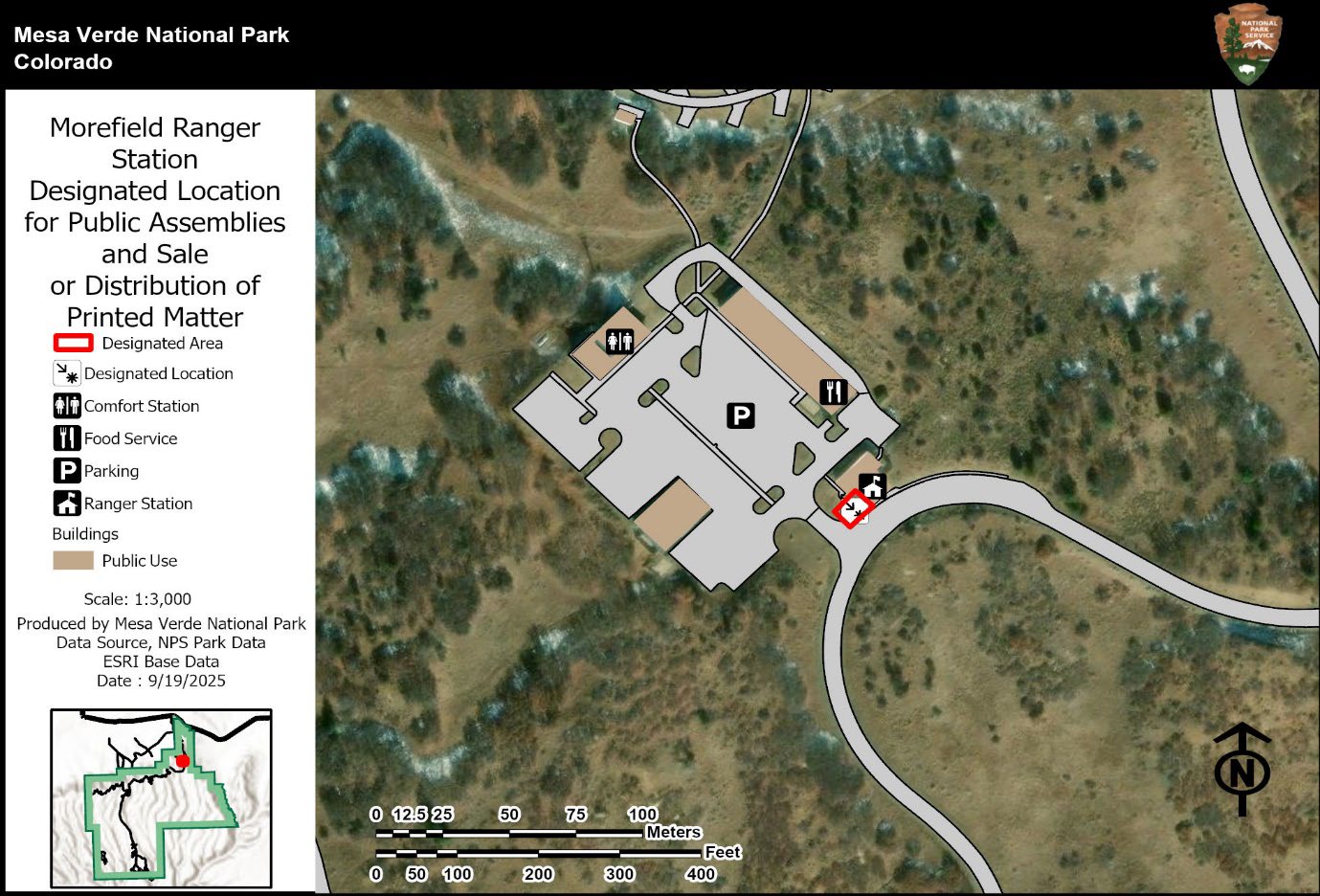 Aerial map of Morefield Village and Ranger Station. A red box shows the designated location for public assemblies. A legend identifies other public areas. Also a inset map for location context.