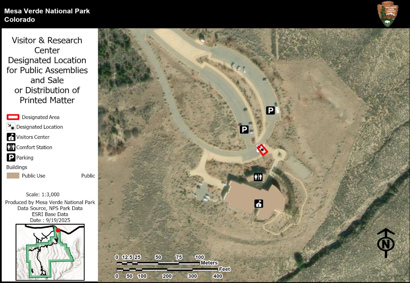 Aerial map of the Visitor & Research Center and parking areas, A red box shows the designated location for public assemblies. A legend identifies other public areas. Also a inset map for location context.