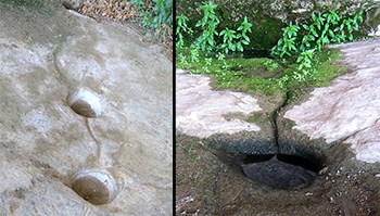 Two photos. One showing carved, round depressions in a stone floor. The second show a small depression filled with water.