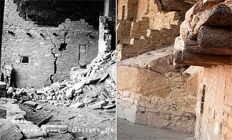 Two sided photo. On left is a black and white photo showing cracked and crumbling walls of an ancient dwelling. On the right shows the same view after it was stabilized by archeologists.