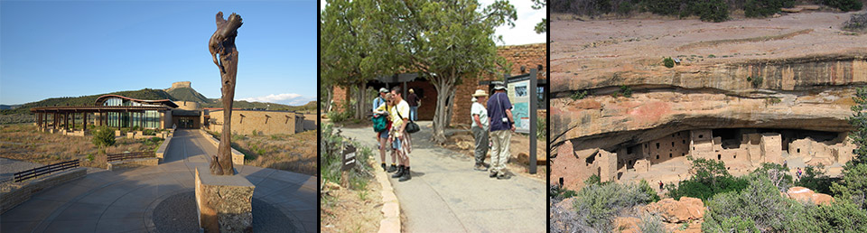 Collage of visitor center, museum, and Spruce Tree House