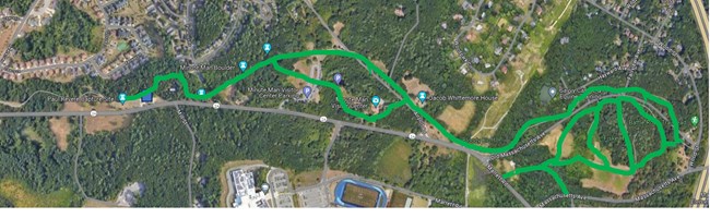 Green line across map indicates trail openings from Paul Revere Capture Site to Fiske Hill loop trail