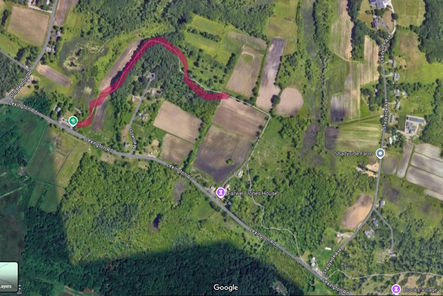 Image description: Satellite view of trail closure from the parking lot at Meriams Corner to the Oak Boardwalk on the Battle Road Trail